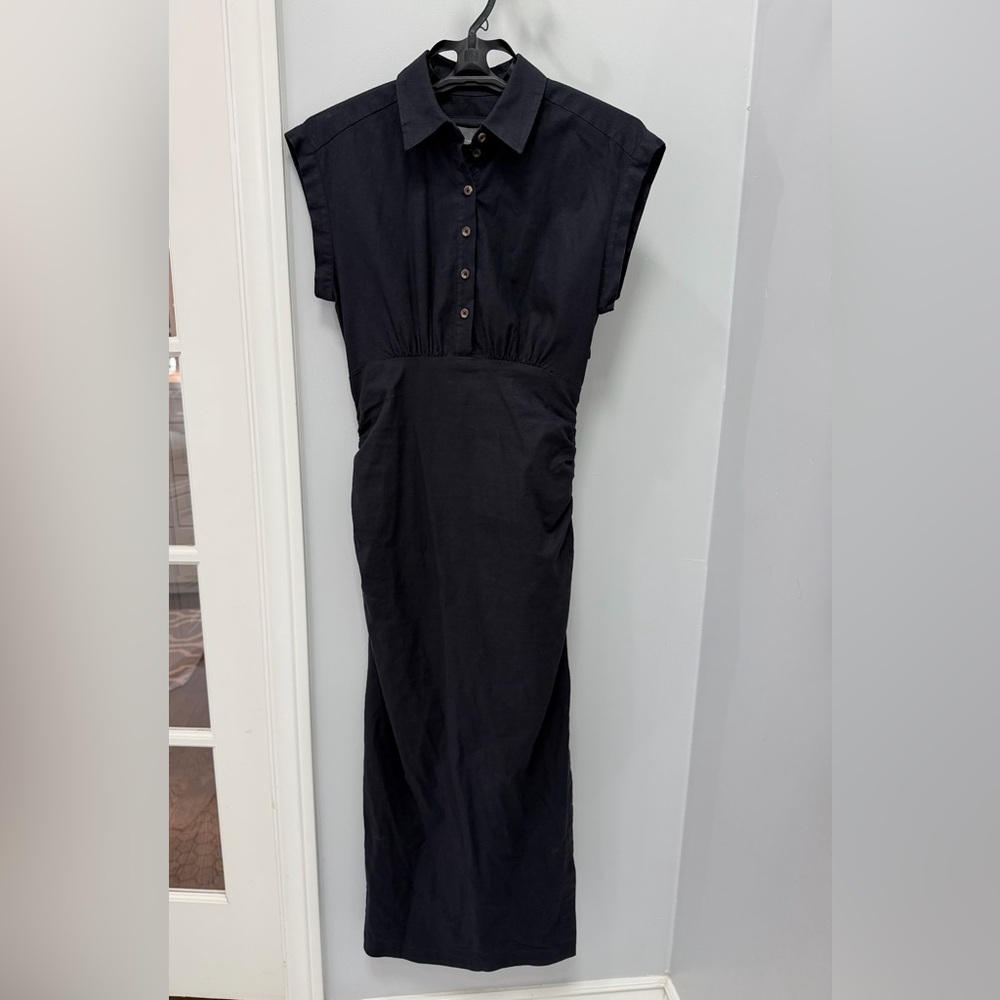 Anthropologie Black Linen Cap-Sleeve Button-Up Ruched Slim Midi Dress